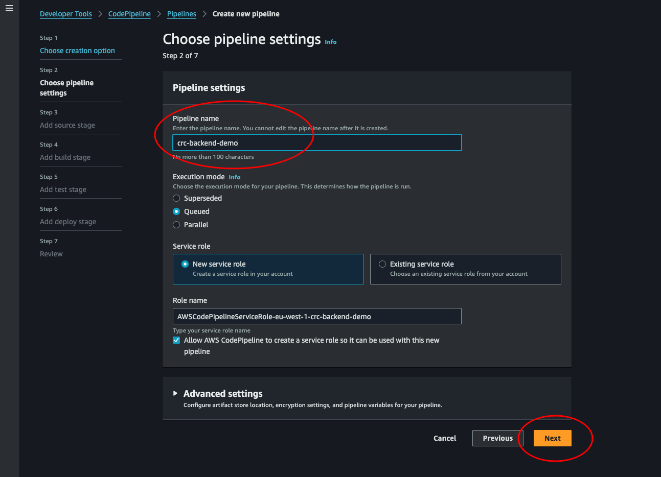 Choose pipeline settings