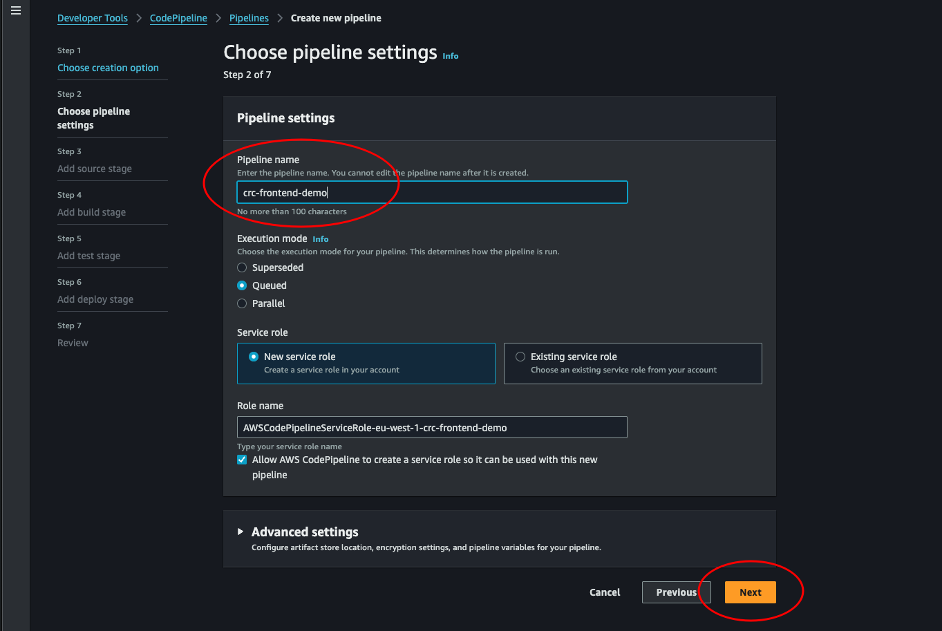 Choose pipeline settings
